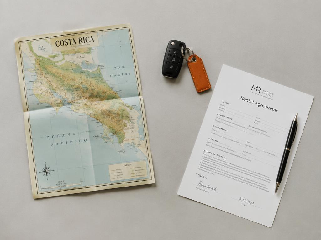 Mapa de carreteras de Costa Rica, llave con llavero naranja y contrato firmado